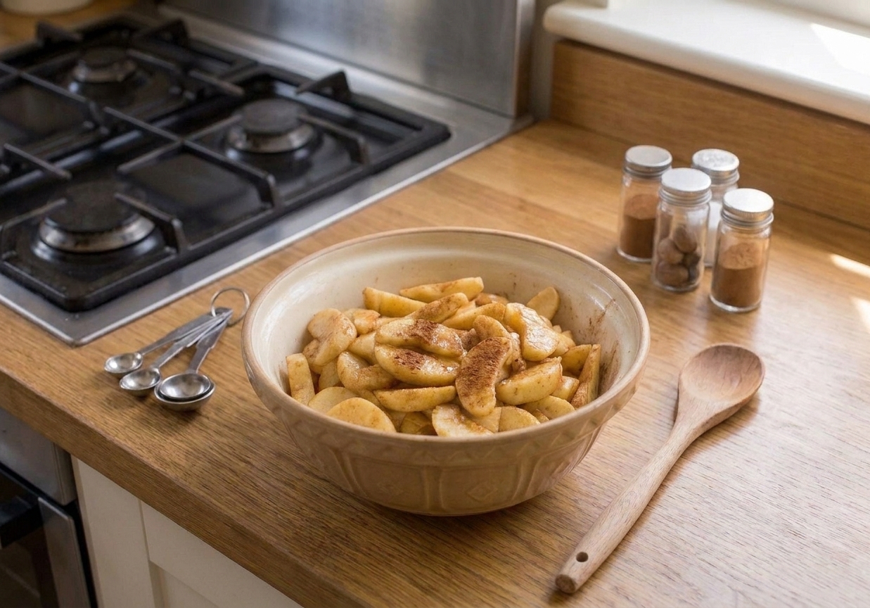 A large bowl filled with peeled sliced apples tossed with lemon juice on a kitchen counter next to measuring spoons and spices