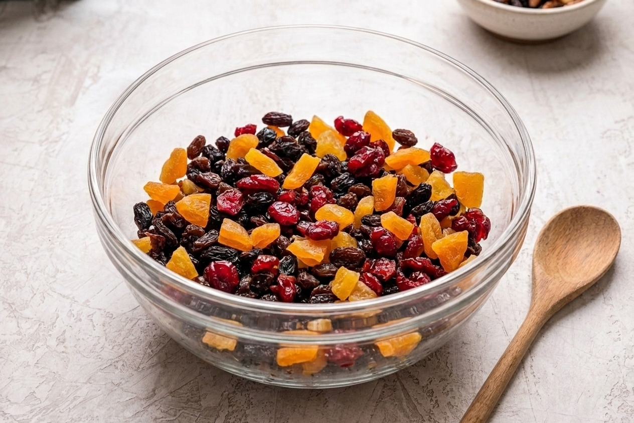 A large bowl filled with raisins, chopped dried apricots, and dried cranberries on a kitchen counter before soaking