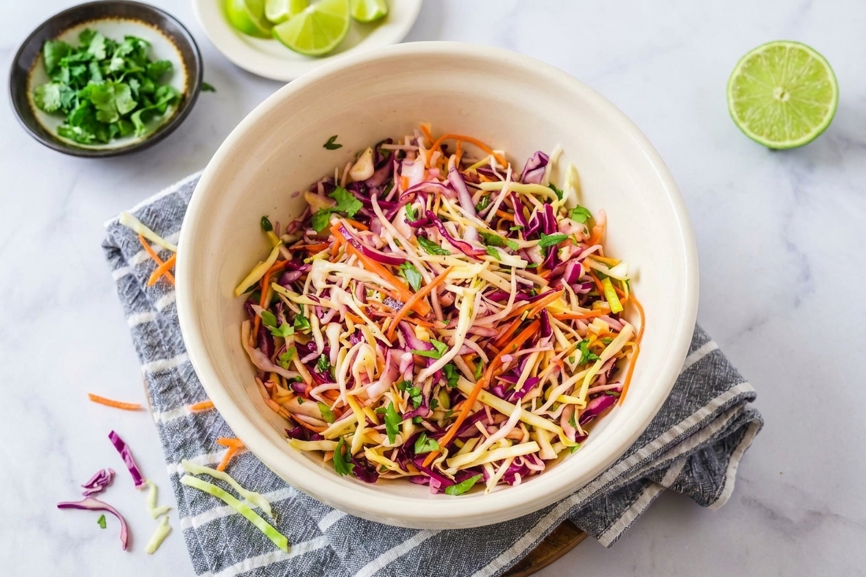 A large bowl filled with shredded green and purple cabbage and grated carrots ready to be mixed for slaw on a kitchen counter