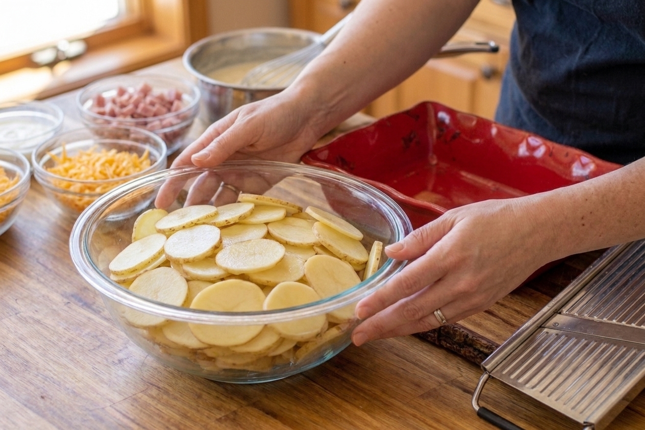 A large bowl filled with thinly sliced potatoes on a kitchen counter, ready to be layered into a casserole