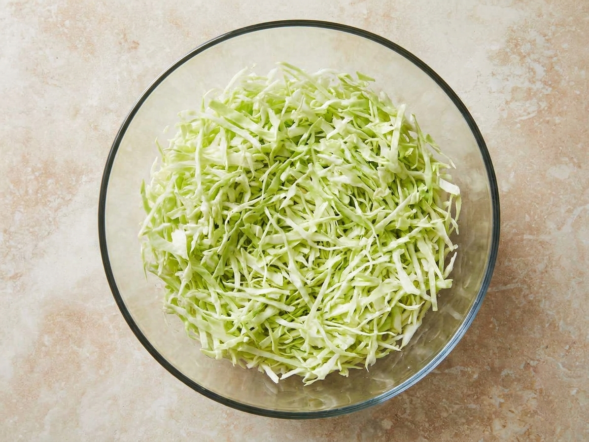 A large bowl filled with very finely chopped green cabbage on a kitchen counter, ready to be mixed into coleslaw