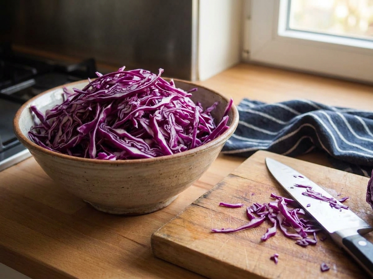 A large bowl heaped with thinly sliced red cabbage on a kitchen counter next to a knife and cutting board
