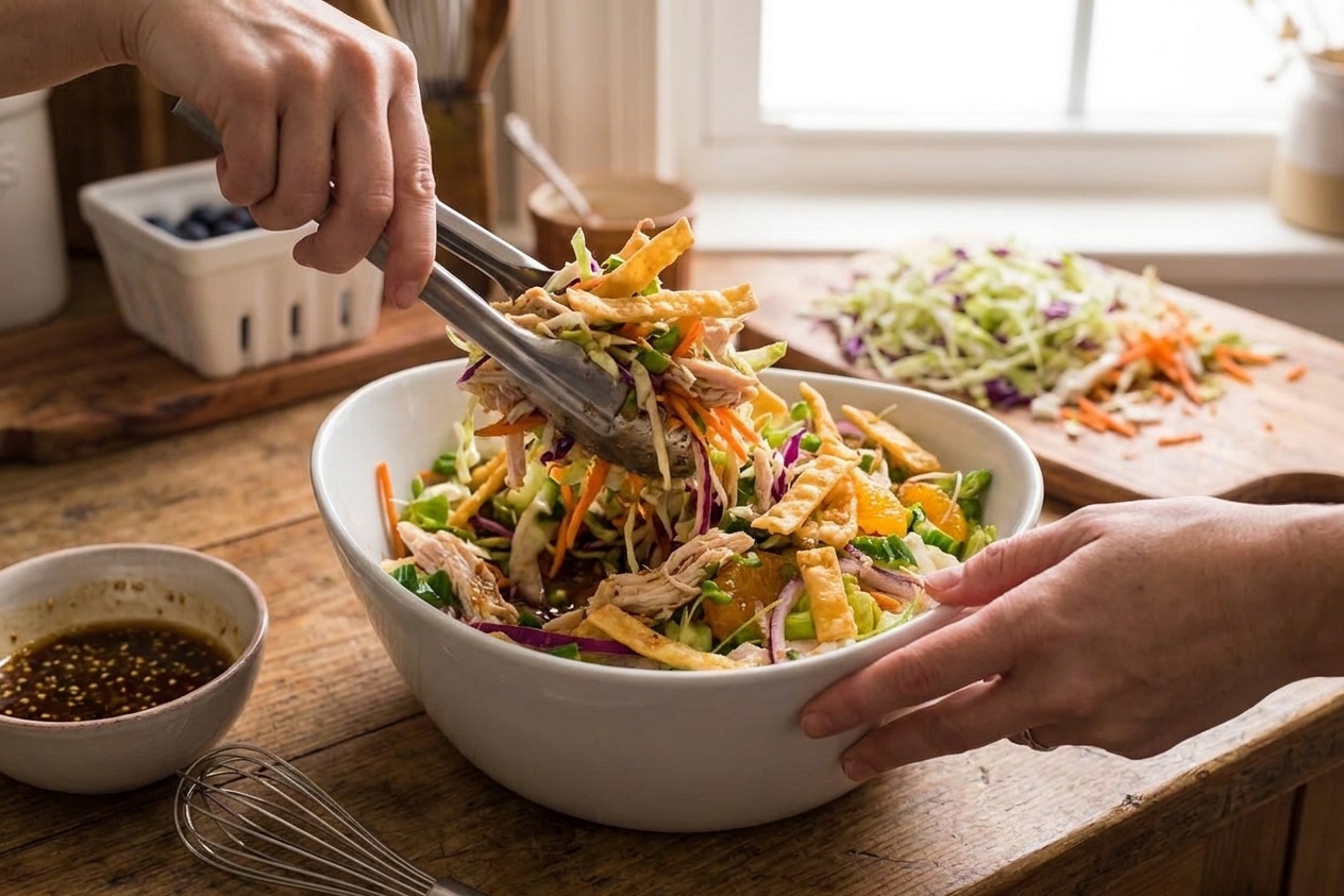 A large bowl of Asian chicken salad being tossed with sesame-ginger dressing using tongs on a kitchen counter