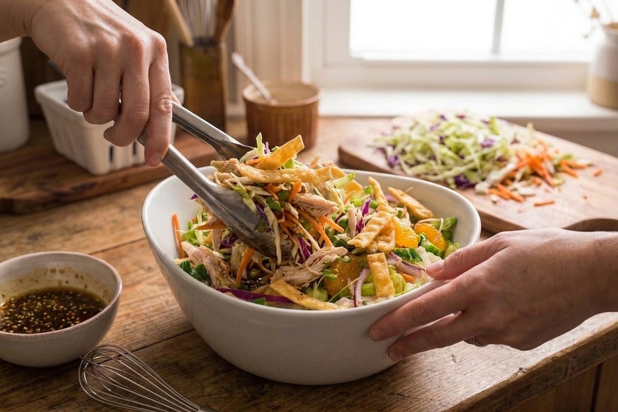 A large bowl of Asian chicken salad with shredded cabbage, sliced chicken, carrots, cucumbers, scallions, sesame seeds, and a glossy sesame-ginger dressing on a bright kitchen counter