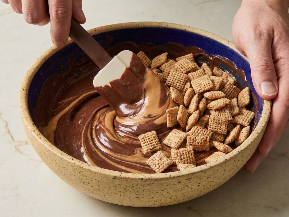 A large bowl of Chex cereal being gently folded with a chocolate peanut butter mixture using a rubber spatula