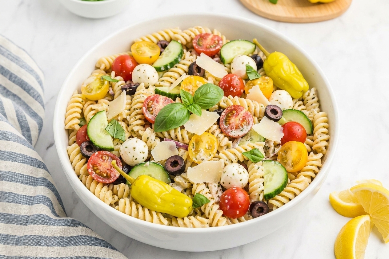 A large bowl of Italian pasta salad with rotini, cherry tomatoes, cucumbers, mozzarella pearls, olives, and pepperoncini, lightly coated in creamy dressing on a kitchen counter