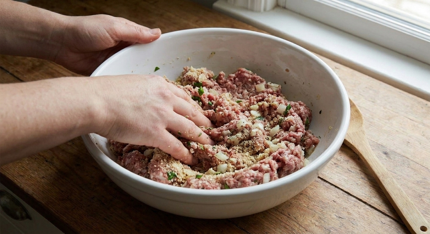 A large bowl of Swedish meatball mixture being gently mixed, with softened breadcrumbs and grated onion visible