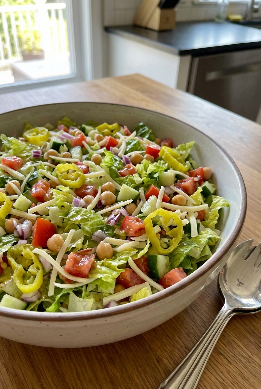 A large bowl of authentic chopped salad with finely chopped romaine, tomatoes, cucumbers, red onion, chickpeas, pepperoncini, and shredded provolone tossed in vinaigrette