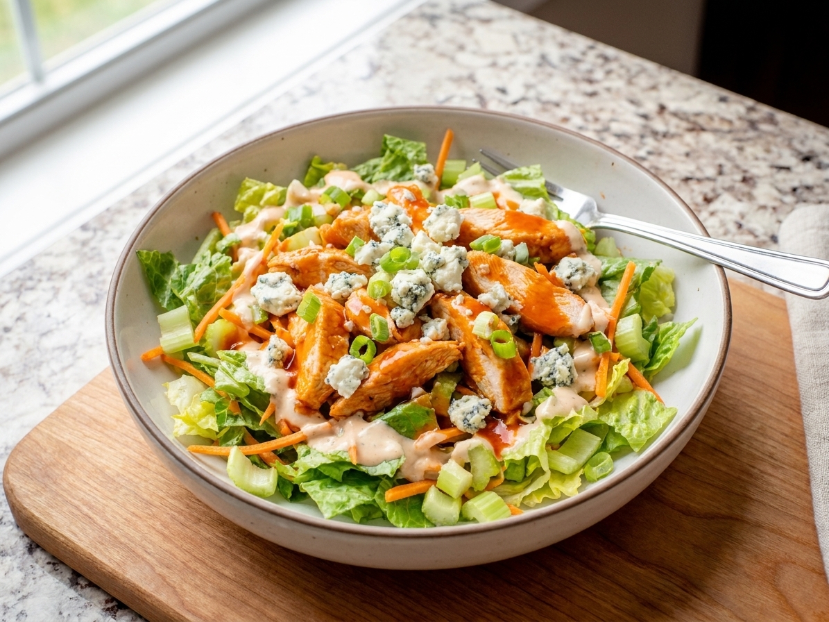 A large bowl of buffalo chicken salad with chopped romaine, celery, shredded carrots, crumbled blue cheese, and sliced green onions, with creamy orange-tinted dressing drizzled on top on a bright kitchen table