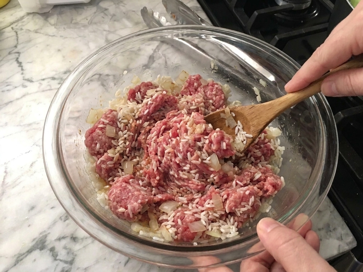 A large bowl of cabbage roll filling being mixed until just combined, with rice and onion visible throughout
