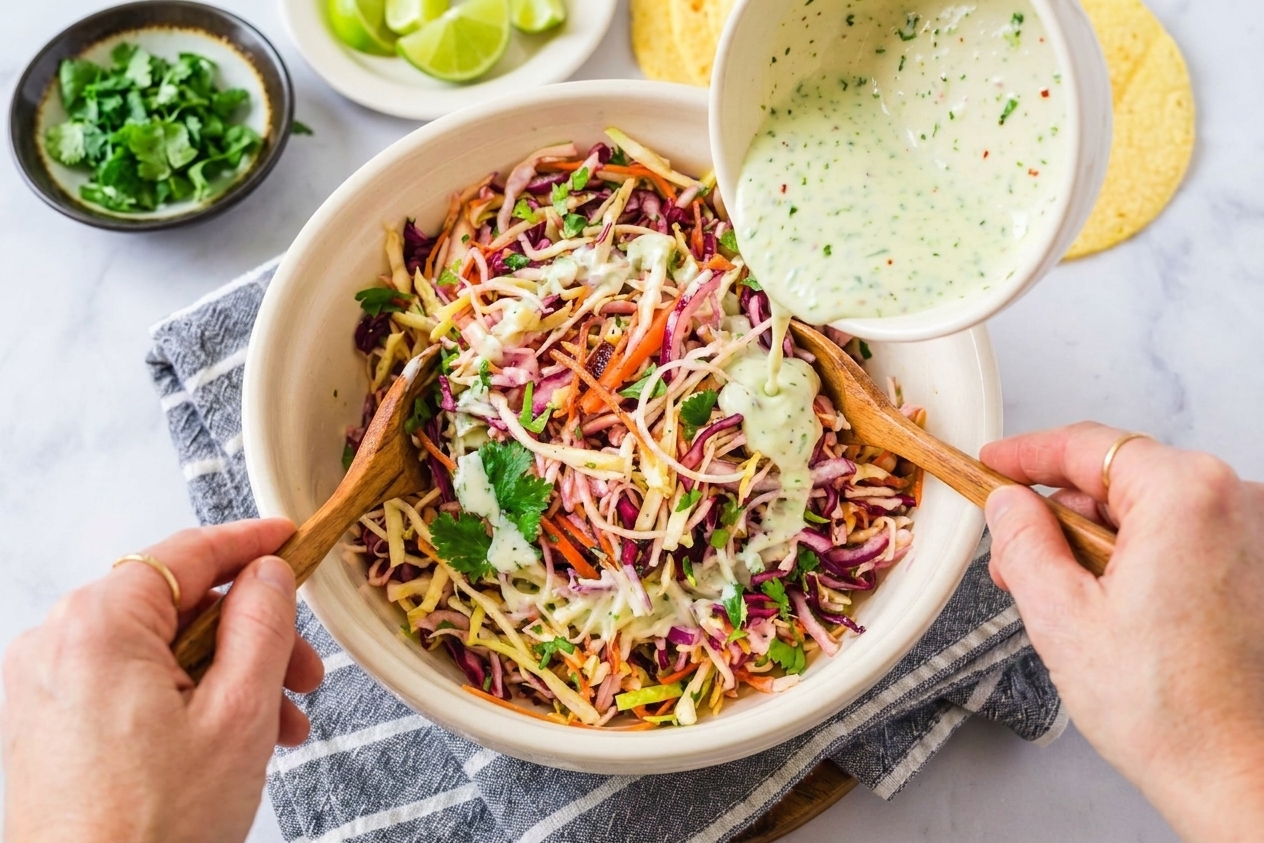 A large bowl of cabbage slaw being tossed with tongs as creamy dressing coats the shredded vegetables
