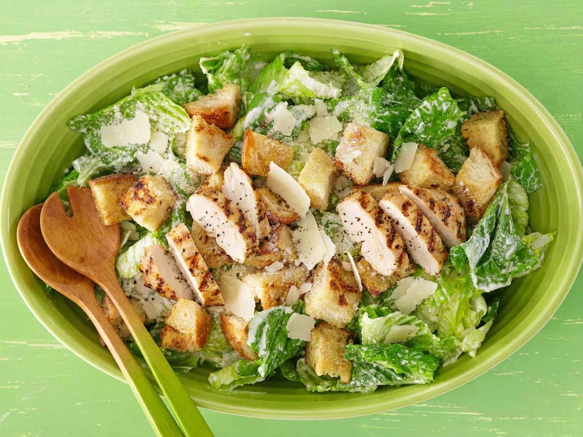 A large bowl of chicken Caesar salad with sliced grilled chicken, crisp romaine, golden croutons, shaved Parmesan, and black pepper on a bright kitchen table