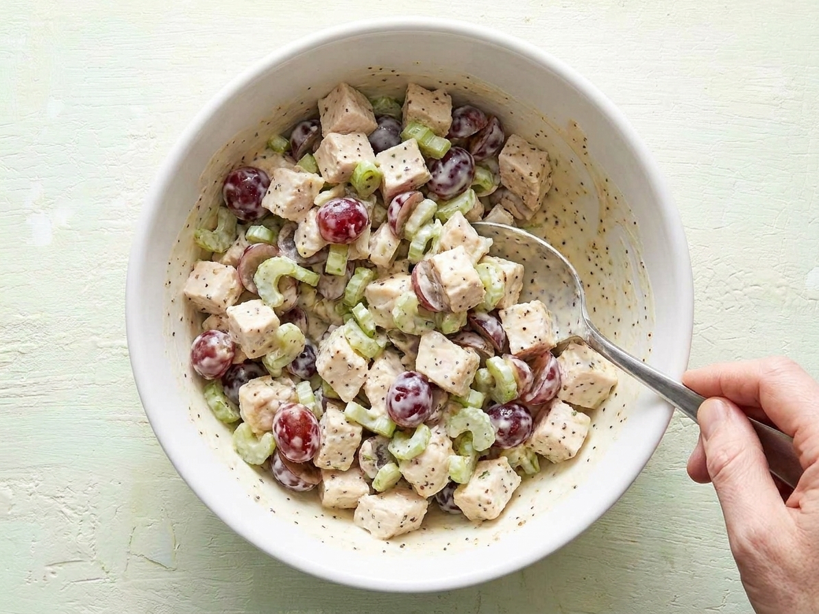 A large bowl of chicken salad being mixed with a spoon, showing grapes, celery, and creamy dressing