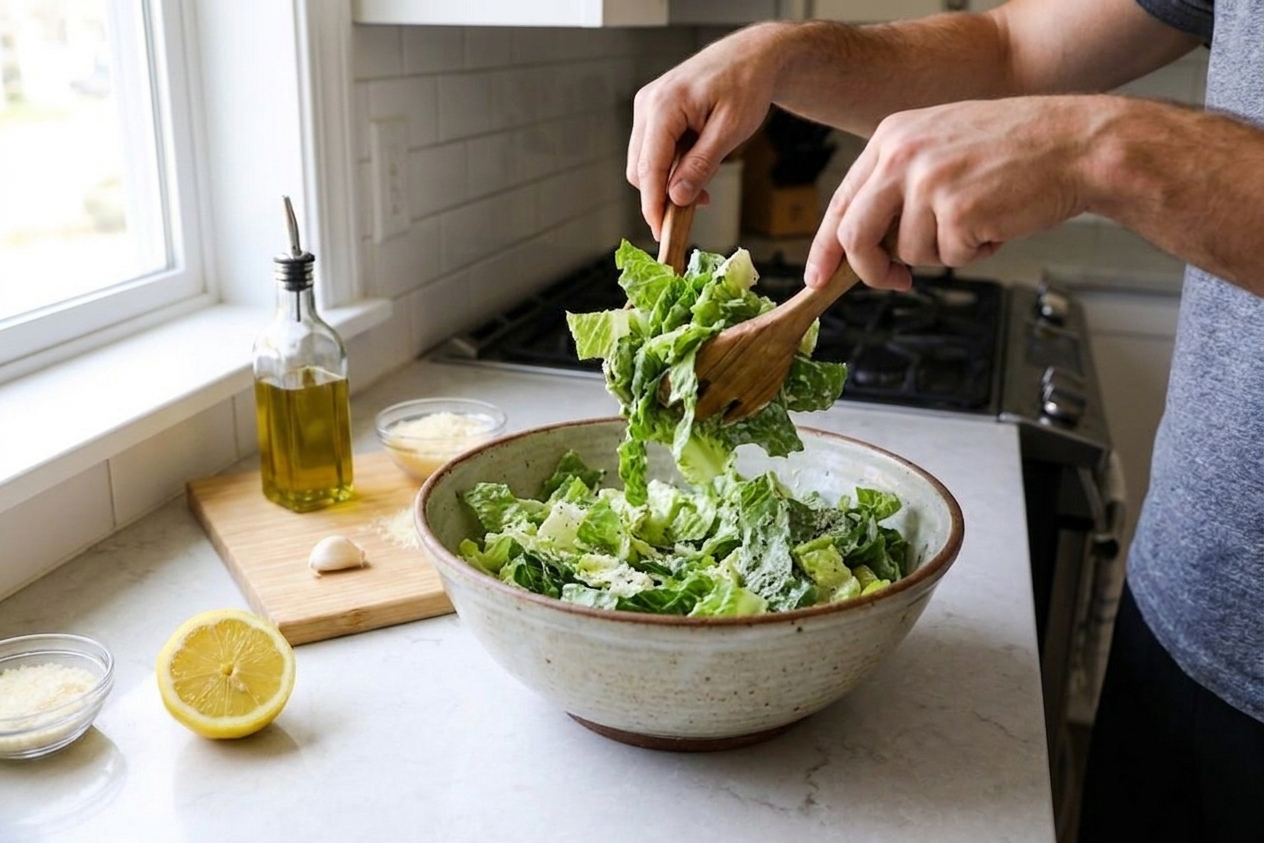 A large bowl of chopped romaine being tossed with creamy Caesar dressing using salad tongs on a kitchen counter