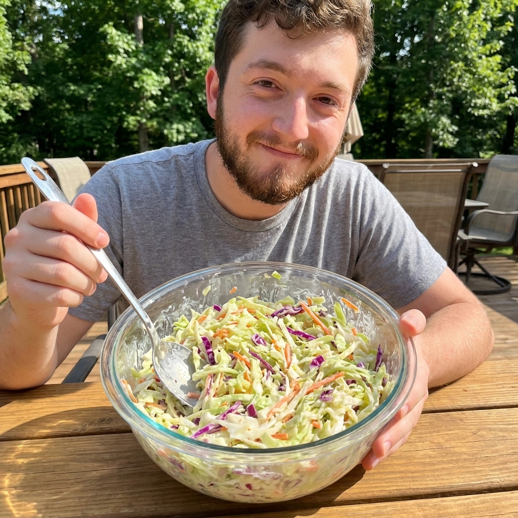 A large bowl of classic creamy coleslaw with green cabbage, purple cabbage, and shredded carrots, photographed on a sunny outdoor table with a serving spoon