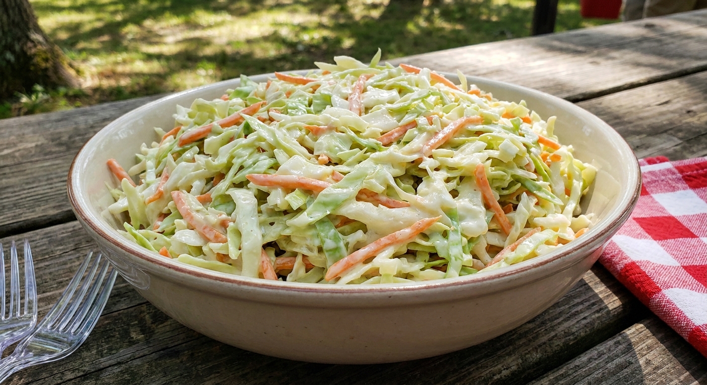A large bowl of classic creamy coleslaw with shredded green cabbage, carrots, and a glossy tangy dressing, sitting on a sunny outdoor picnic table, real food photography style