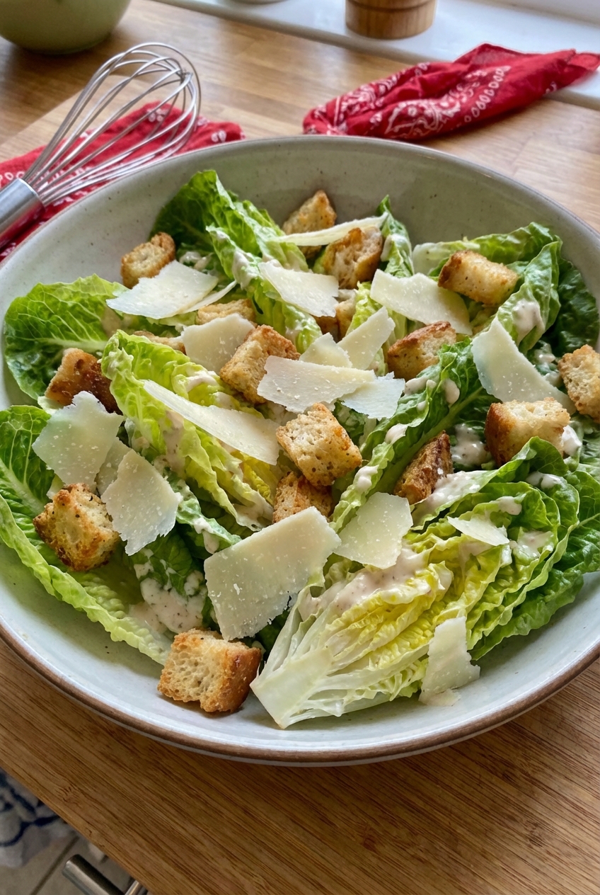 A large bowl of crisp Caesar salad with shaved Parmesan