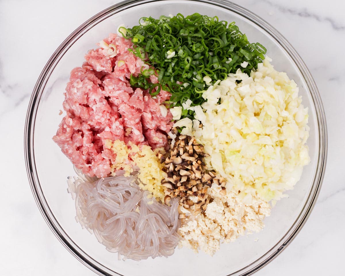 A large bowl of dumpling filling with ground pork, crumbled tofu, chopped kimchi, and scallions being mixed with a spoon on a kitchen counter