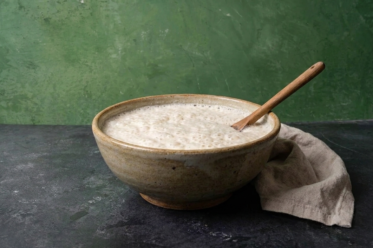 A large bowl of fermented dosa batter with small bubbles on the surface sitting on a kitchen counter
