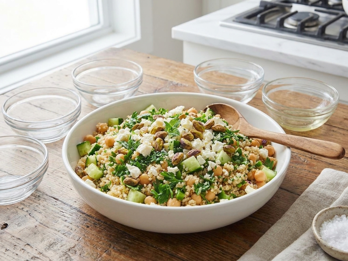 A large bowl of finished quinoa salad with chickpeas, herbs, cucumber, feta, and pistachios ready to serve on a dining table