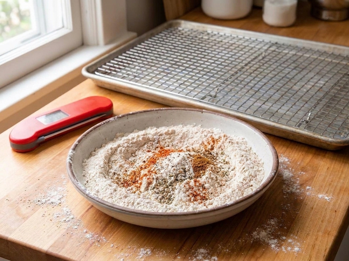 A large bowl of flour mixed with spices for fried chicken dredging on a kitchen counter