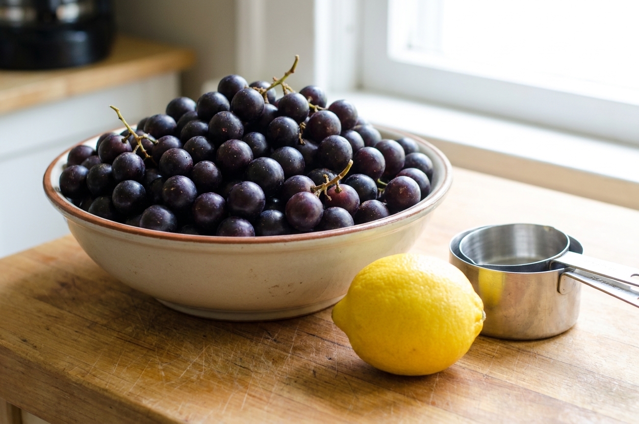 A large bowl of fresh muscadine grapes on a kitchen counter next to a lemon and measuring cups in bright natural light