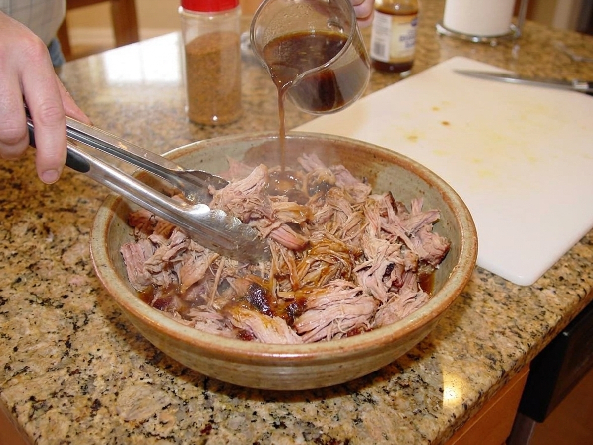 A large bowl of freshly shredded pulled pork being tossed with reserved juices using tongs on a kitchen counter
