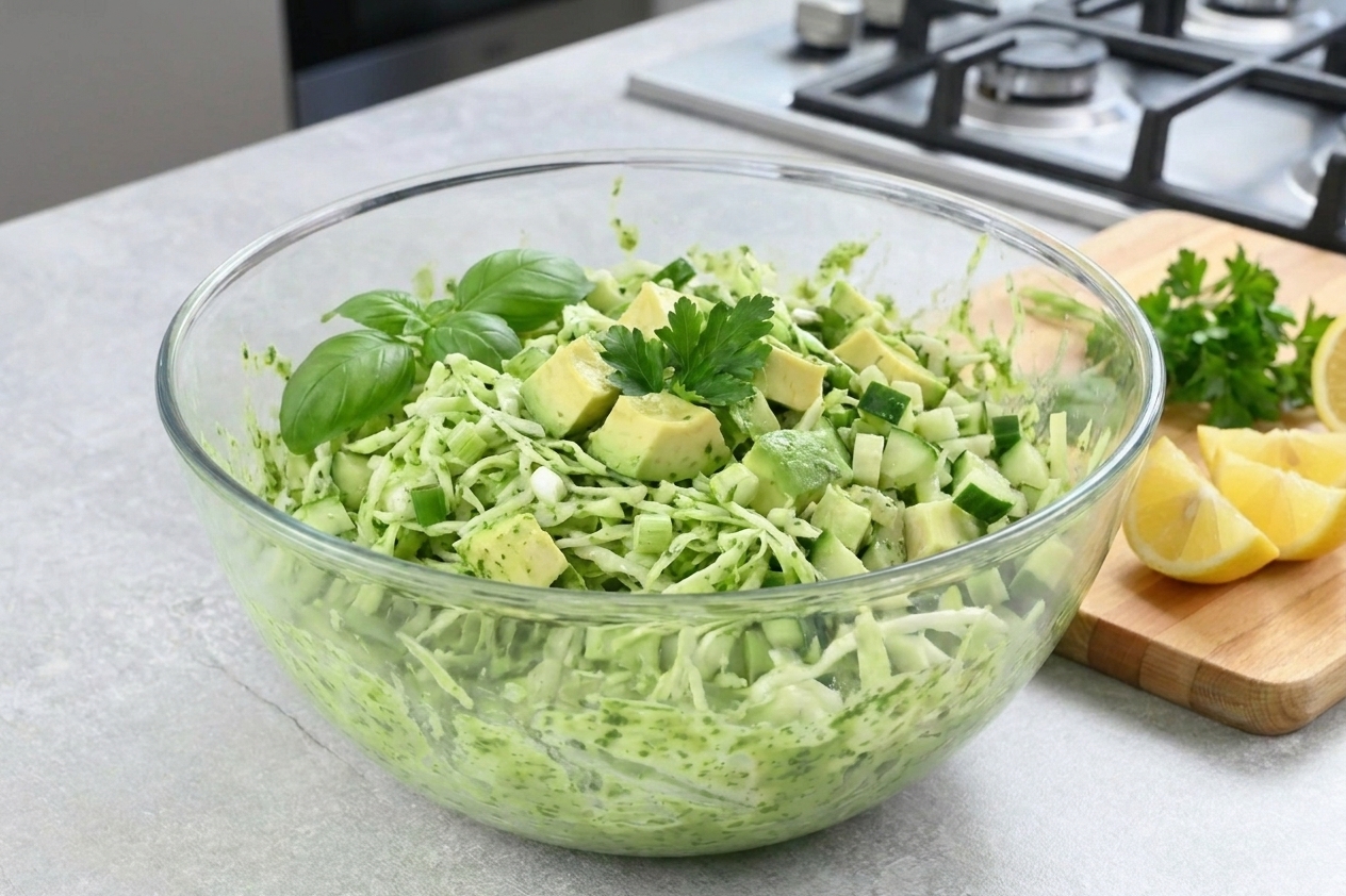 A large bowl of green goddess salad with shredded cabbage, diced cucumbers, scallions, avocado, and a creamy green herb dressing on a bright kitchen counter with natural light