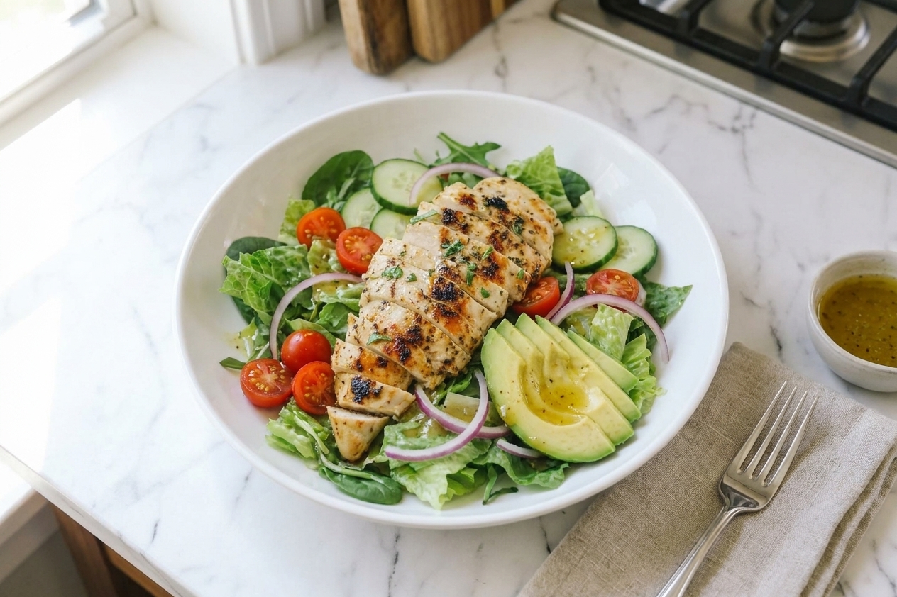 A large bowl of grilled chicken salad with sliced charred chicken breast, mixed greens, cherry tomatoes, cucumber, red onion, and avocado on a light stone kitchen counter in natural window light