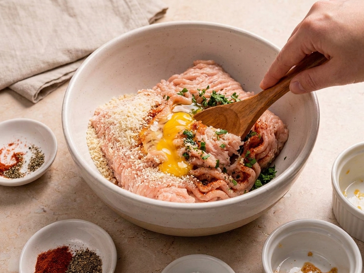 A large bowl of ground chicken patty mixture with breadcrumbs, egg, and spices being mixed on a kitchen counter