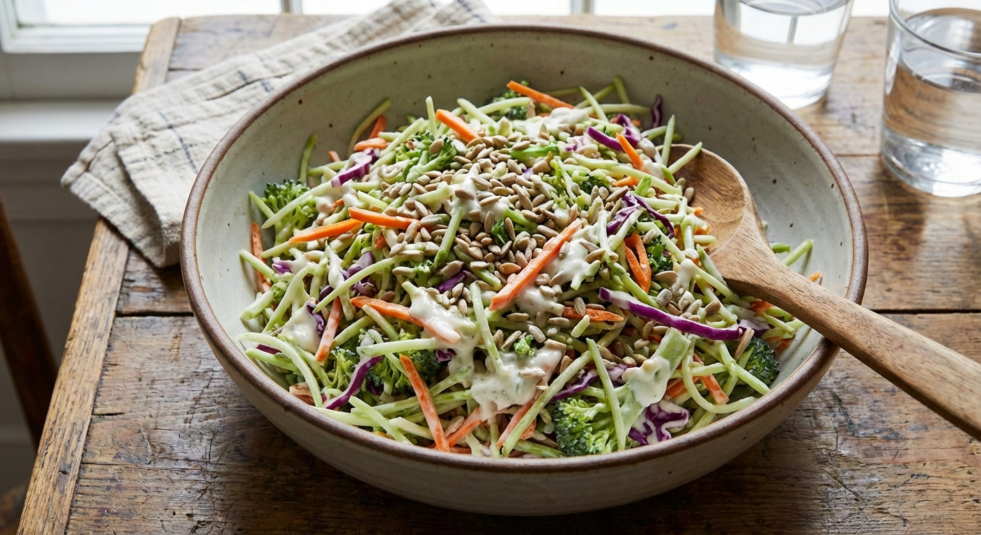 A large bowl of hearty broccoli slaw with shredded broccoli stems, carrots, red cabbage, sunflower seeds, and a creamy dressing on a wooden table