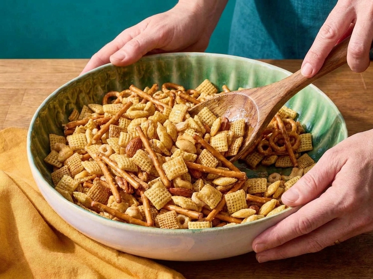 A large bowl of homemade Chex Mix party mix with cereal squares, pretzels, and bagel chips