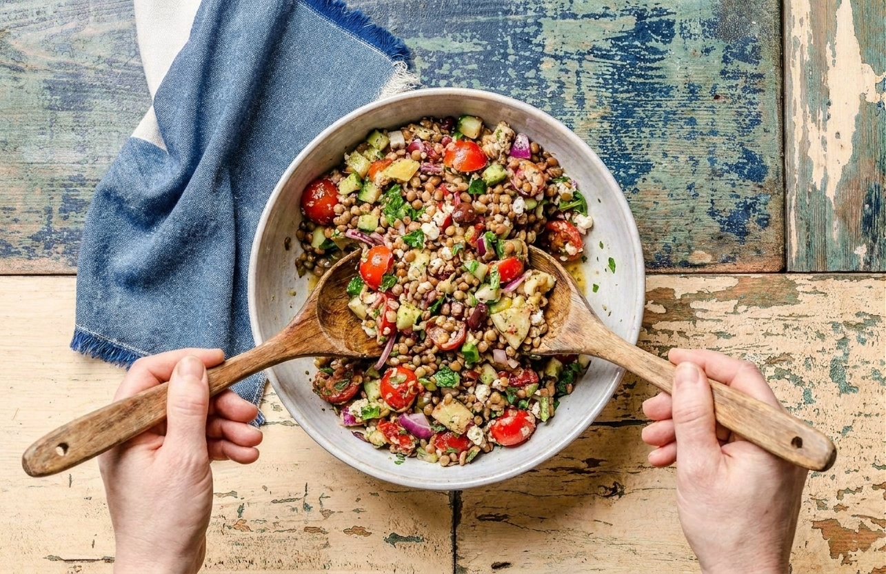 A large bowl of lentil salad being tossed with a wooden spoon, showing lentils, cucumber, tomatoes, herbs, and crumbled feta