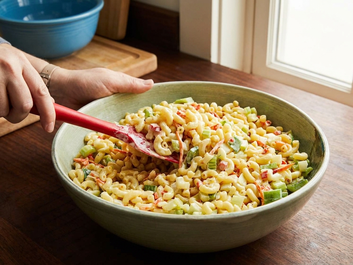 A large bowl of macaroni salad being folded together with a rubber spatula, showing creamy dressing coating pasta and diced vegetables