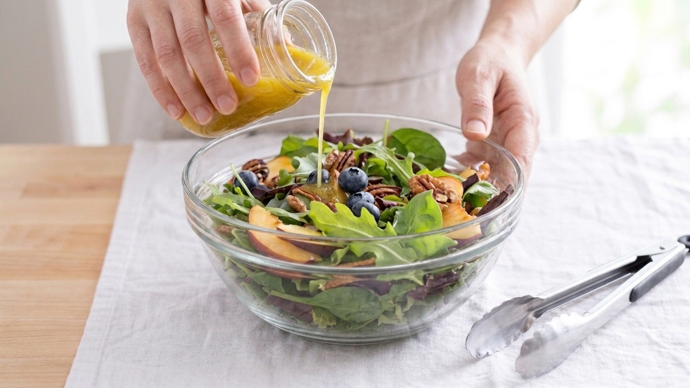 A large bowl of mixed greens as apple cider vinegar vinaigrette is drizzled over the top with tongs nearby on a kitchen counter