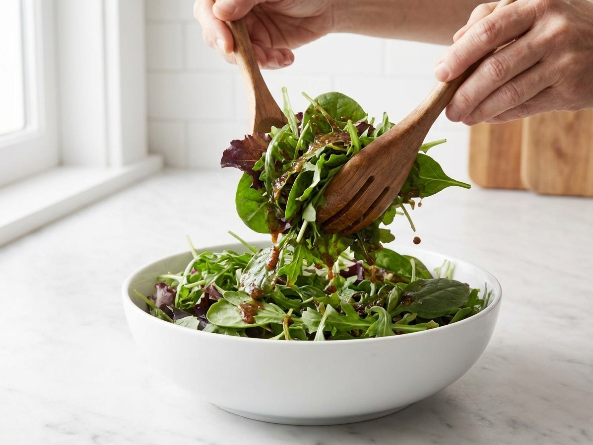 A large bowl of mixed greens being tossed with balsamic vinaigrette using salad tongs in a home kitchen
