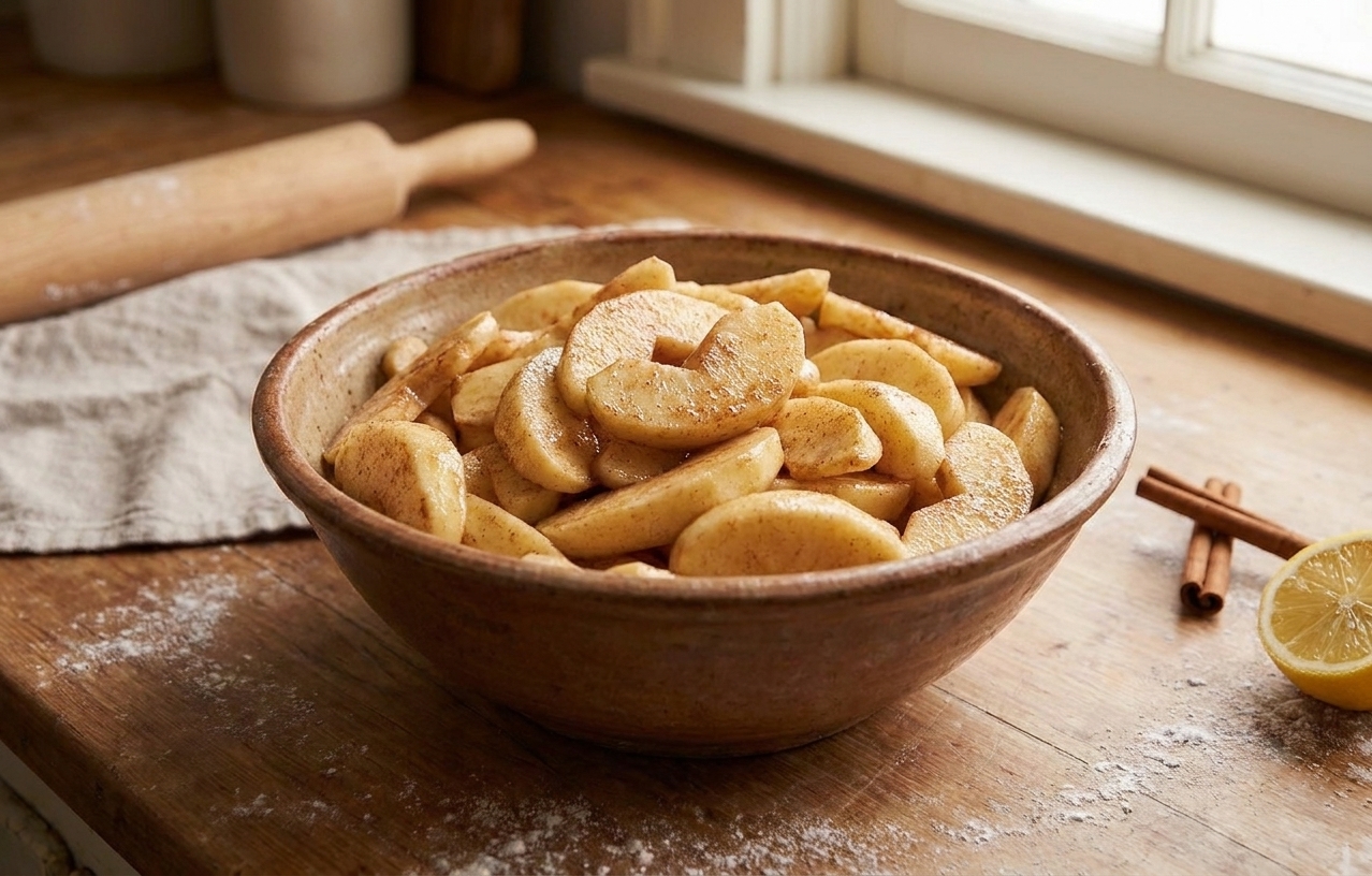 A large bowl of peeled, sliced apples tossed with cinnamon, sugar, and lemon juice on a kitchen counter