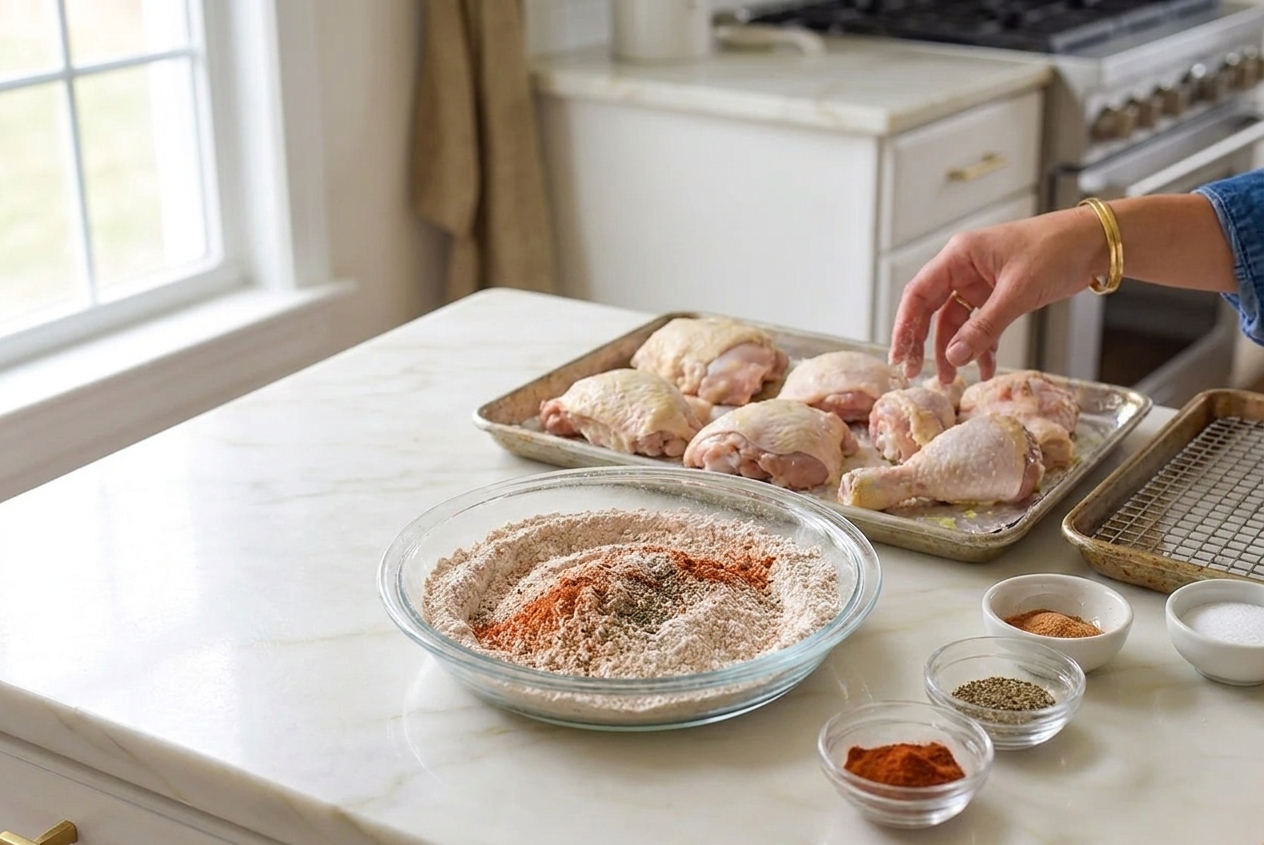 A large bowl of seasoned flour with paprika and spices next to raw chicken pieces ready for dredging on a kitchen counter