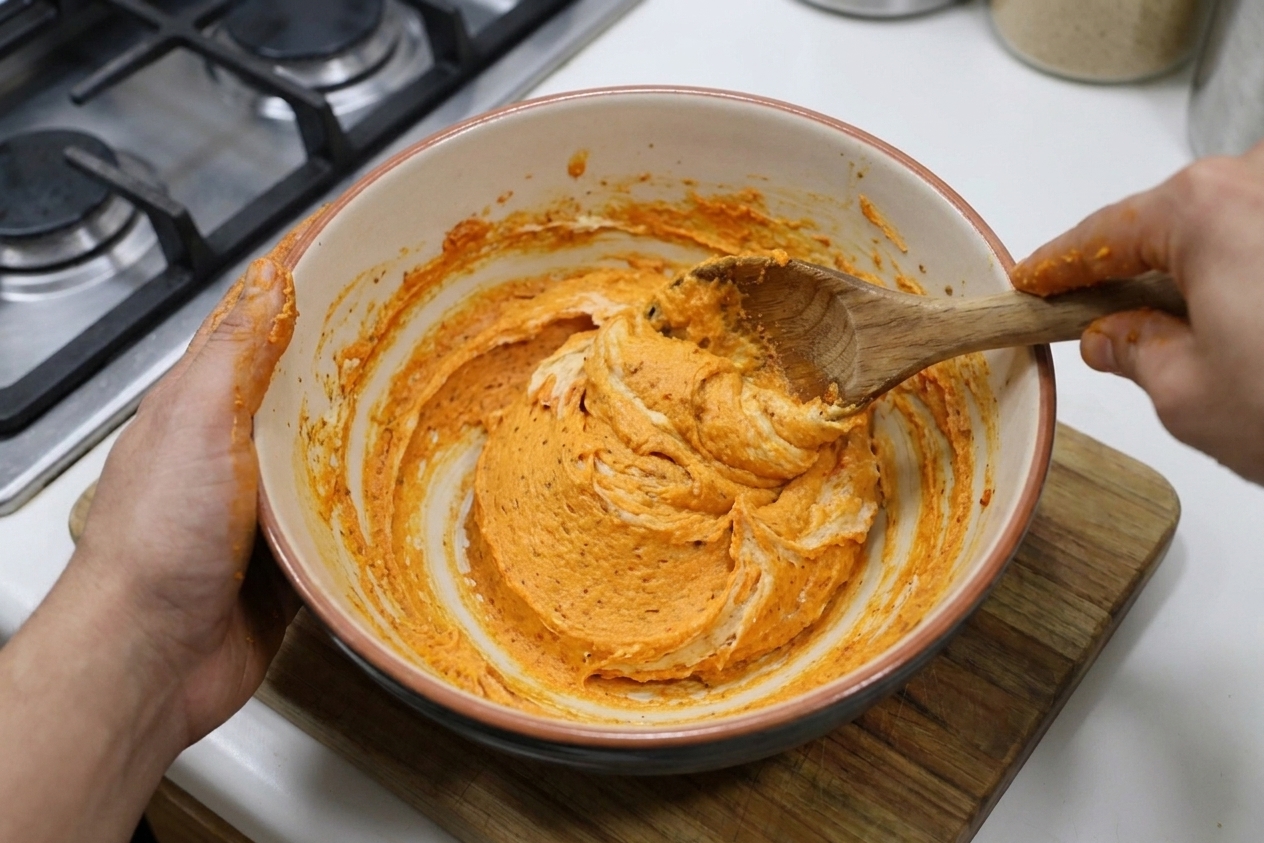 A large bowl of seasoned pastel masa being mixed until spreadable, tinted orange from annatto oil