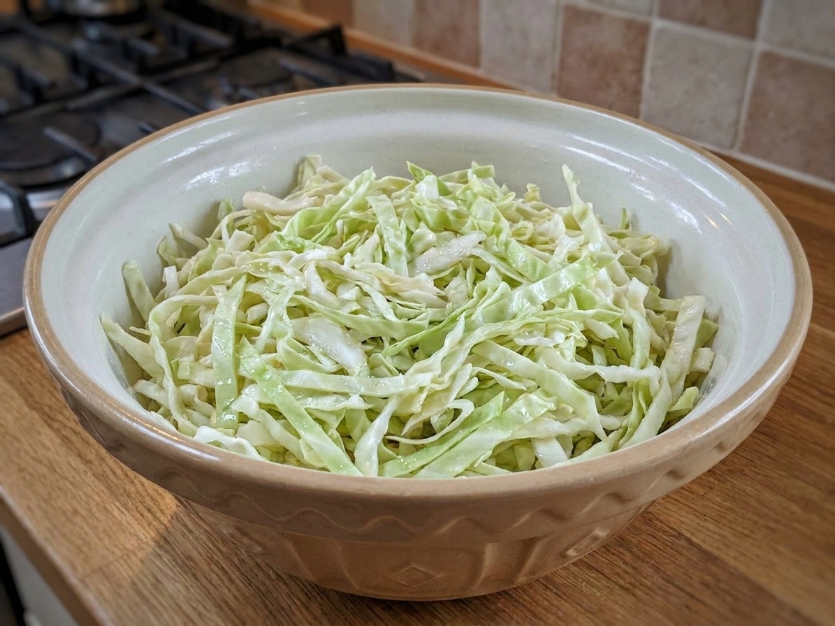 A large bowl of shredded cabbage lightly salted and tossed, resting on a kitchen counter