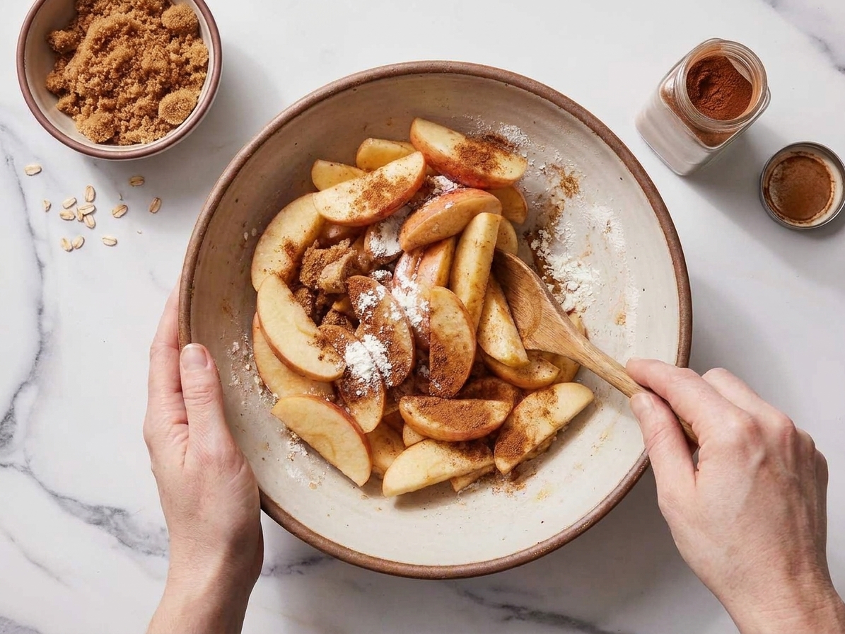 A large bowl of sliced apples being tossed with cinnamon, sugar, and cornstarch using a wooden spoon on a kitchen counter
