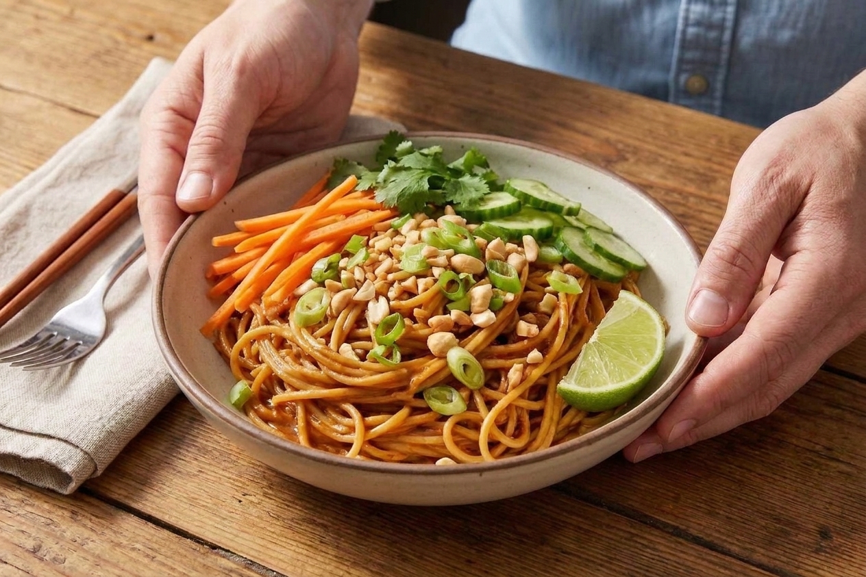 A large bowl of spicy peanut rice noodles topped with shredded carrots, sliced cucumbers, scallions, cilantro, crushed peanuts, and a lime wedge on a warm kitchen table