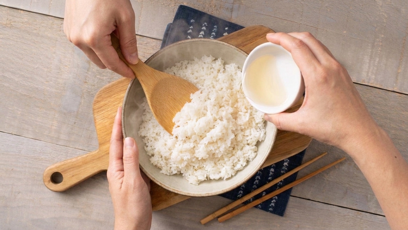 A large bowl of steamed sushi rice being gently folded with a rice paddle while vinegar seasoning is poured in