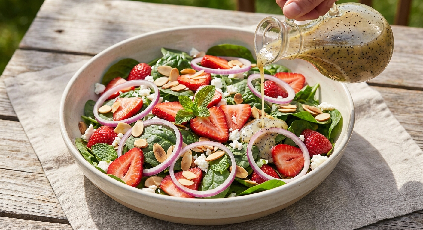 A large bowl of strawberry spinach salad with sliced strawberries, red onion, and toasted almonds with dressing being drizzled over the top