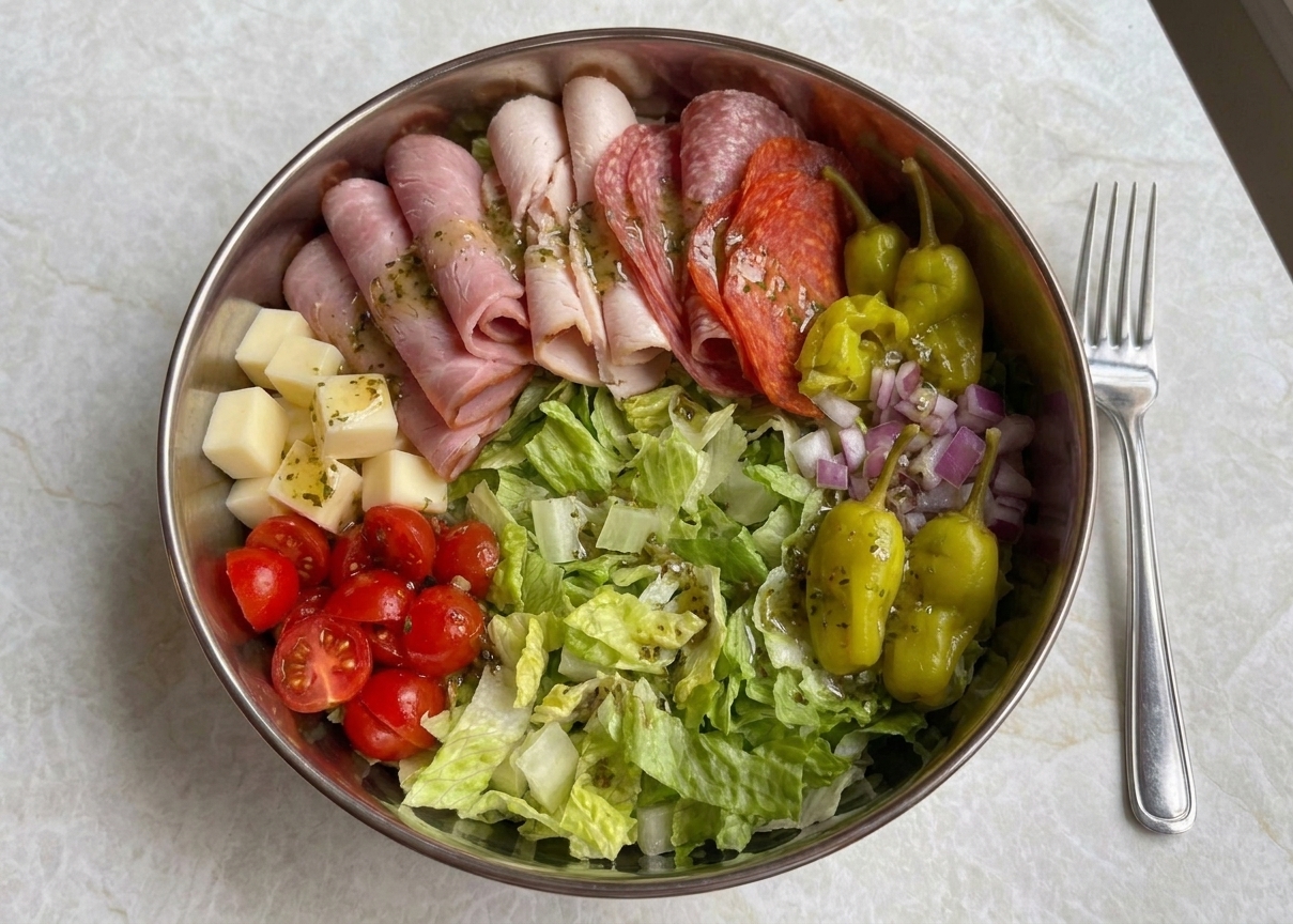 A large bowl of sub in a tub with shredded iceberg lettuce, folded deli meats, provolone, tomatoes, red onion, pepperoncini, and a glossy vinaigrette on a kitchen table