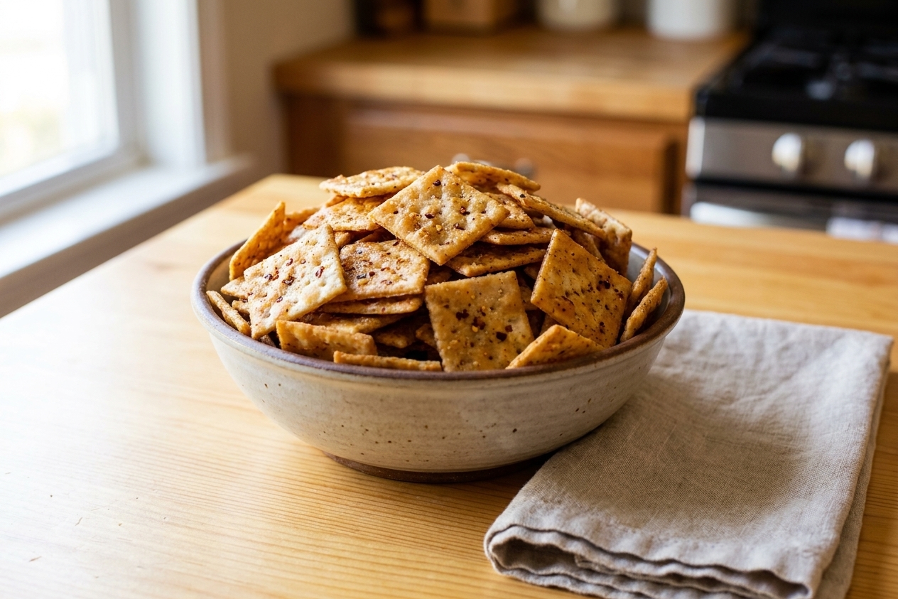 A large bowl of sweet and spicy seasoned crackers with visible chili flakes, set on a bright kitchen table with a neutral linen napkin