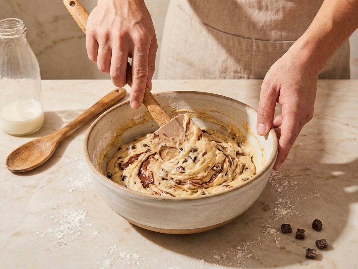 A large bowl of thick muffin batter being folded with a spatula on a kitchen counter
