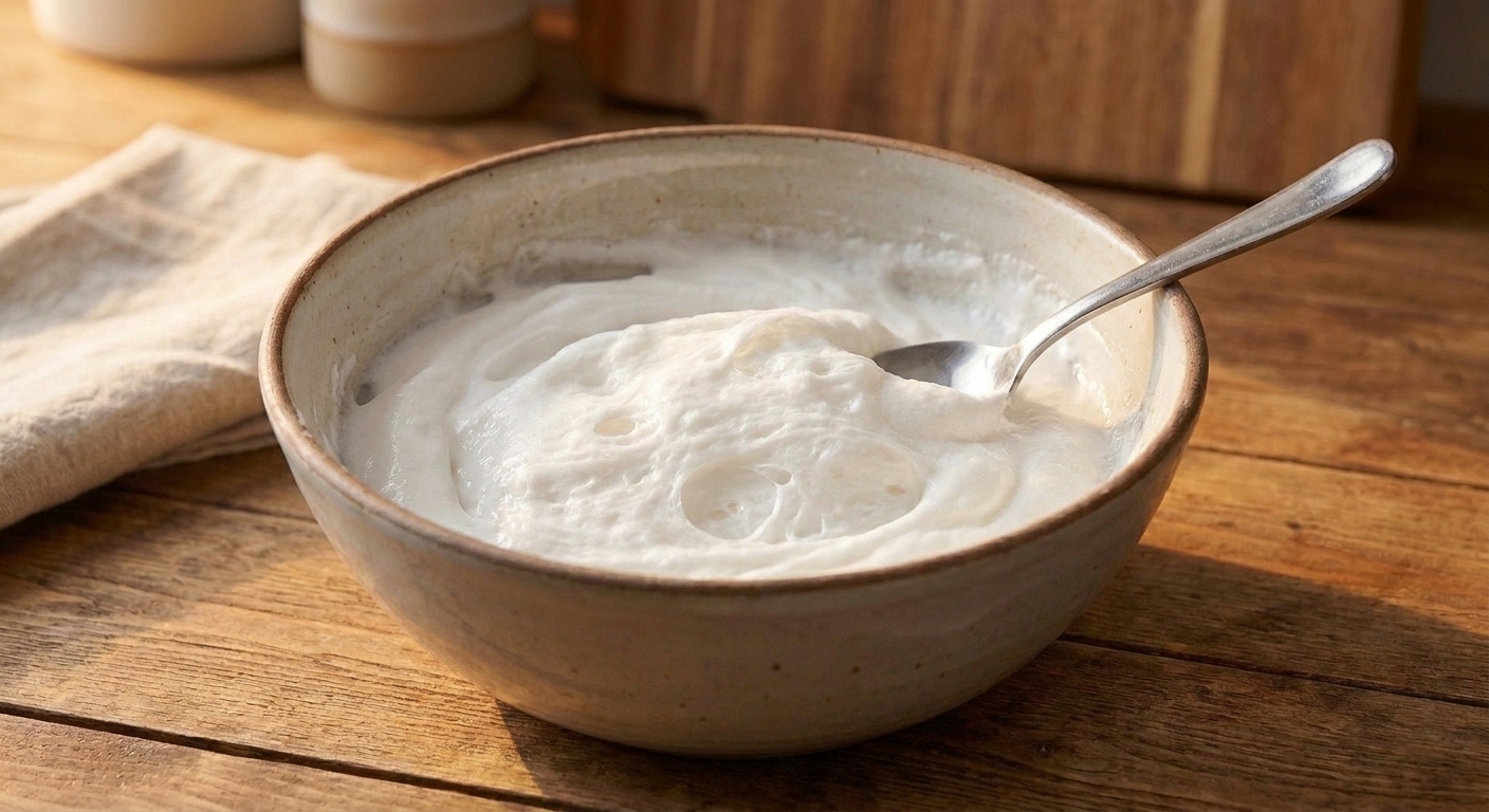 A large bowl of white cloud slime with a soft, airy texture on a bright kitchen counter, with a spoon resting on the rim