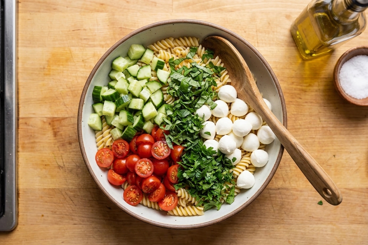 A large bowl on a kitchen counter with pasta salad ingredients like cucumbers, tomatoes, mozzarella, and herbs ready to mix