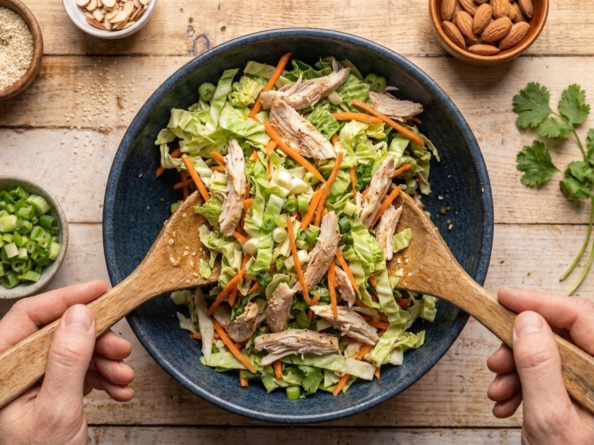 A large bowl with cabbage, carrots, scallions, and shredded chicken being tossed together with salad tongs